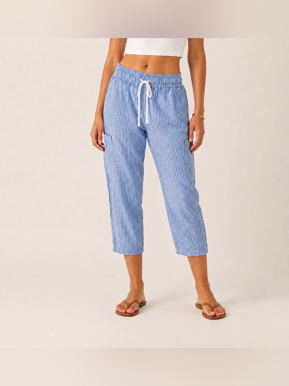 Basic Editions Women’s Small Blue White Striped Cotton Capri Cargo Pants Tapered